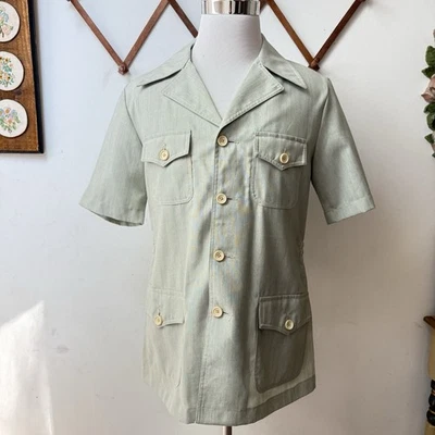 Рубашка на пуговицах Crocodile 80-е 90-е ретро Sage 4 кармана сафари размер 38 - Изображение 1 из 4