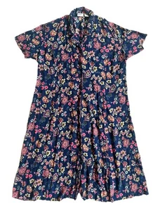 ERIKA 100% Rayon Blue Pink Brown Floral Button Down Short Sleeve Midi Dress XL - Picture 1 of 7