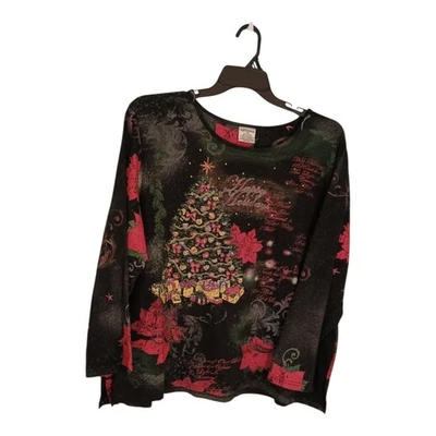 My Christmas Women Size 3X Tree Happy Holidays Black Poinsettias Gold Tone Studs - Image 1 of 4