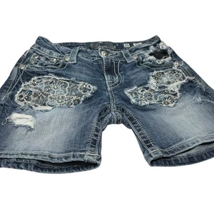 Miss Me Size 26 Blue Distressed Lace Insert Bling Denim Midi Short 5” Inseam EUC - Picture 1 of 16