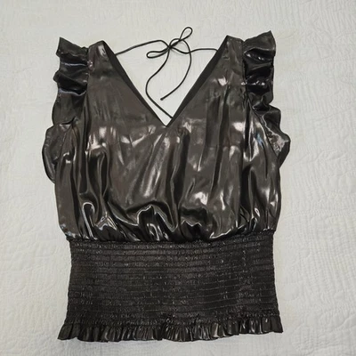 Nine West Metallic Gunmetal Double V Smocked Ruffle 70s Disco Party Glam Small - Image 1 of 4