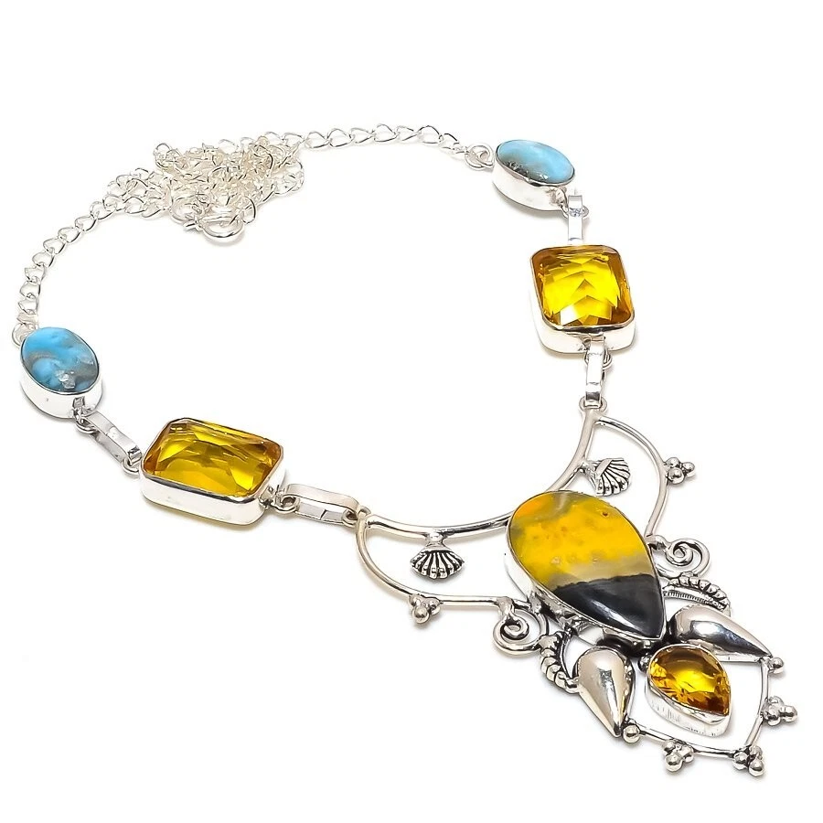 Natural Bumble Bee Jasper Gemstone 925 Sterling silver Jewelry Necklace Size 18" - Image 1 of 1
