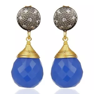 18K Gold Plated 925 Sterling Silver Blue Chalcedony Dangle Earrings Jewelry - Picture 1 of 3