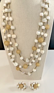 Vtg Vendôme Necklace & Clip Earrings Faux Pearl Gold Tone Cluster Beads MCM Set - Picture 1 of 10