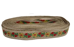 Vtg Boho Ribbon Strawberries & Sunflowers Embroidered Woven Sewing Trim 14.5 y - Picture 1 of 8