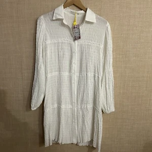 NWT Aoxwomen White Tunic Dress Long Sleeves Pockets Sz Med Whimsical And Flirty - Picture 1 of 7