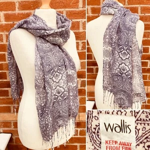 WALLIS Purple White Floral Scarf Fringed Wedding Excellent - Picture 1 of 6