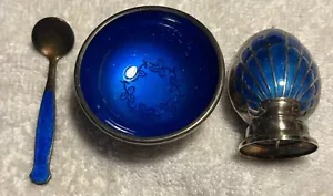 Vintage Meka Denmark Sterling Silver Enamel Open Salt Spoon & Shaker - Picture 1 of 5