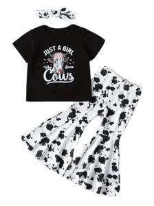 New Boutique Girls 5 Black Short Sleeve Cow Print Bell Pants Headband Set - Picture 1 of 3