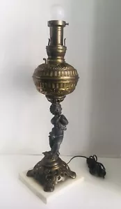 Antique Victorian Cherub Flute Ornate Banquet Electrified Kerosene Table Lamp - Picture 1 of 9