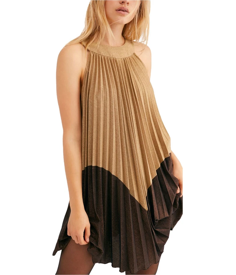 People Pleated Love Metallic Gold Mini Dress Size XS