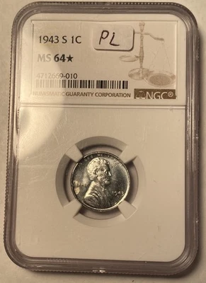 1943-S Lincoln Wheat Steel Cent NGC MS64* Star Prooflike - Image 1 of 4