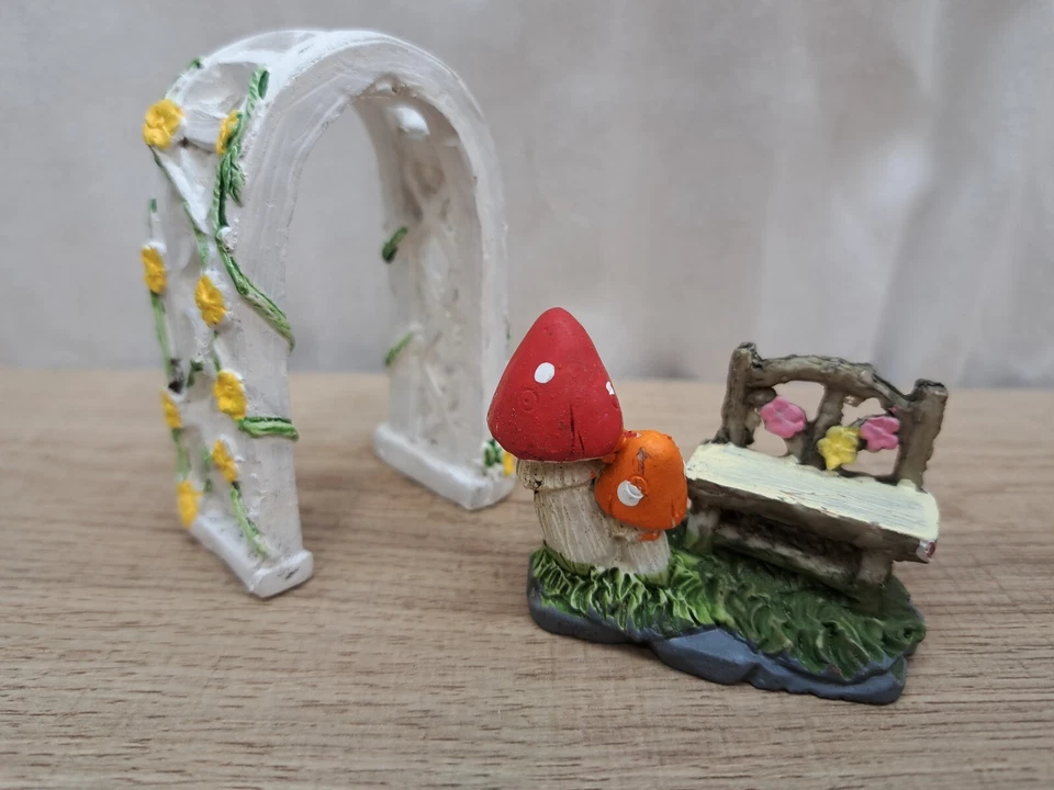 Miniature Fairy Garden White Flower Arch,  Mushroom Bench Dollhouse Gnome Home  - Image 1 of 4