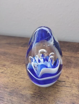 Swirl Art Cobalt Blue Teardrop Glass Paperweight Egg Stripes Bubbles Decor 3.75" - Image 1 of 4
