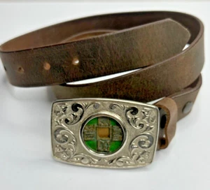 Belt Buckle Ming Dynasty Coin Silver Elaborate Brown Leather Belt Stamped W - Picture 1 of 12