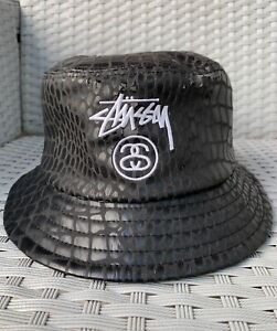 Stussy Bucket Hat Size S/M Black Snakeskin Faux Leather Skater Embroidered Logo*