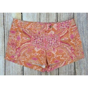 J Crew Chino Shorts Size 6 Stretch Orange Pink Paisley Mandala Print Cotton - Picture 1 of 6