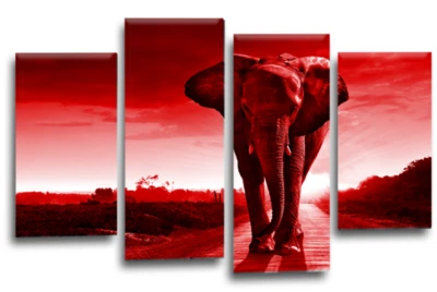 Large Elephant Wall Art Print Red Grey White Sunset Framed Canvas Split Picture - Image 1 of 4