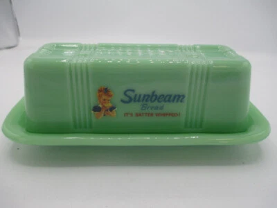 Butter Dish Sunbeam Bread Logo Retro Depression Style Jadeite Glass Green - Image 1 of 4