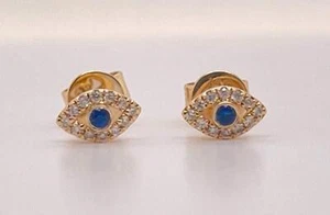 Dainty 14K Yellow Gold Natural Diamond & Blue Sapphire Evil Eye Stud Earrings - Picture 1 of 5