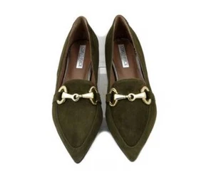 Mocassini Donna a Punta Vera Pelle Camoscio Verde Tacco Basso Made in Italy - Picture 1 of 4