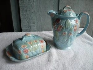 Mella Ware England - Creamer Pitcher w Lid & Butter Dish Blue Floral Flowers - Picture 1 of 7