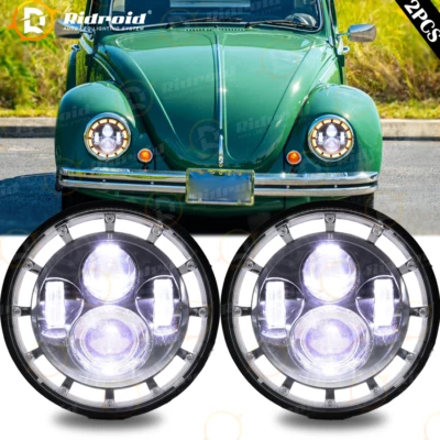 Pair 7 inch Round Headlights Halo Ring DRL Headlamp Kit H4 For VW Beetle Classic - Image 1 of 4