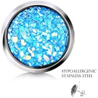 12mm faux Druzy Stud Earrings, Sky Blue Iridescent, Hypo Stainless Steel Boho - Image 1 of 4