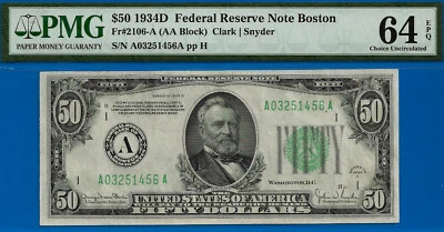 1934D $50 Federal Reserve Note PMG 64EPQ Boston Uncirculated FR-2106-A - Image 1 of 2