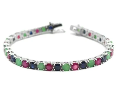 Natural Ruby & Emerald Sapphire Gemstone 925 Sterling Silver Tennis Bracelet  - Image 1 of 4