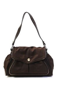 Celine Womens Nylon Leather Strap Shoulder Bag Brown Small Handbag
