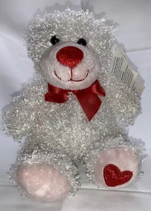 Teddy Bear White Plush Curly Haired Heart On Paw 8" Love - Valentine Gift - Picture 1 of 10