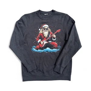 Santa Claus Playing Guitar Rocker Christmas Music Sweatshirt Gray Small NWOT  - Picture 1 of 7