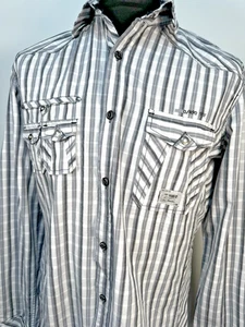 Next Mens Long Sleeved Striped Shirt Size Large Slim Fit Cotton Grey - Picture 1 of 16