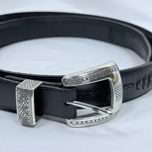 ONYX by Brighton Black Leather Belt Silver Buckle Braided Detail Size 50 - Picture 1 of 12