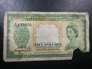 1953 MALAYA AND BRITISH BORNEO $5 Dollars RARE. dem Schein fehlt ein Teil - Bild 1 von 9