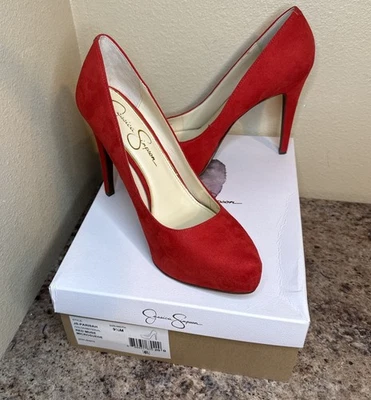 Zapatos de tacón de aguja Jessica Simpson rojo gamuza parisa plataforma talla 9,5 M usados en excelente estado Foto 1 de 4