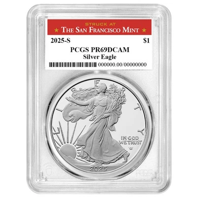 2025-S Proof $1 American Silver Eagle PCGS PR69DCAM San Francisco Label - Image 1 of 3