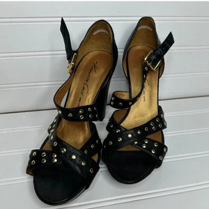 Kenneth Cole NY genuine leather black strappy heels studs buckle gold - Picture 1 of 10