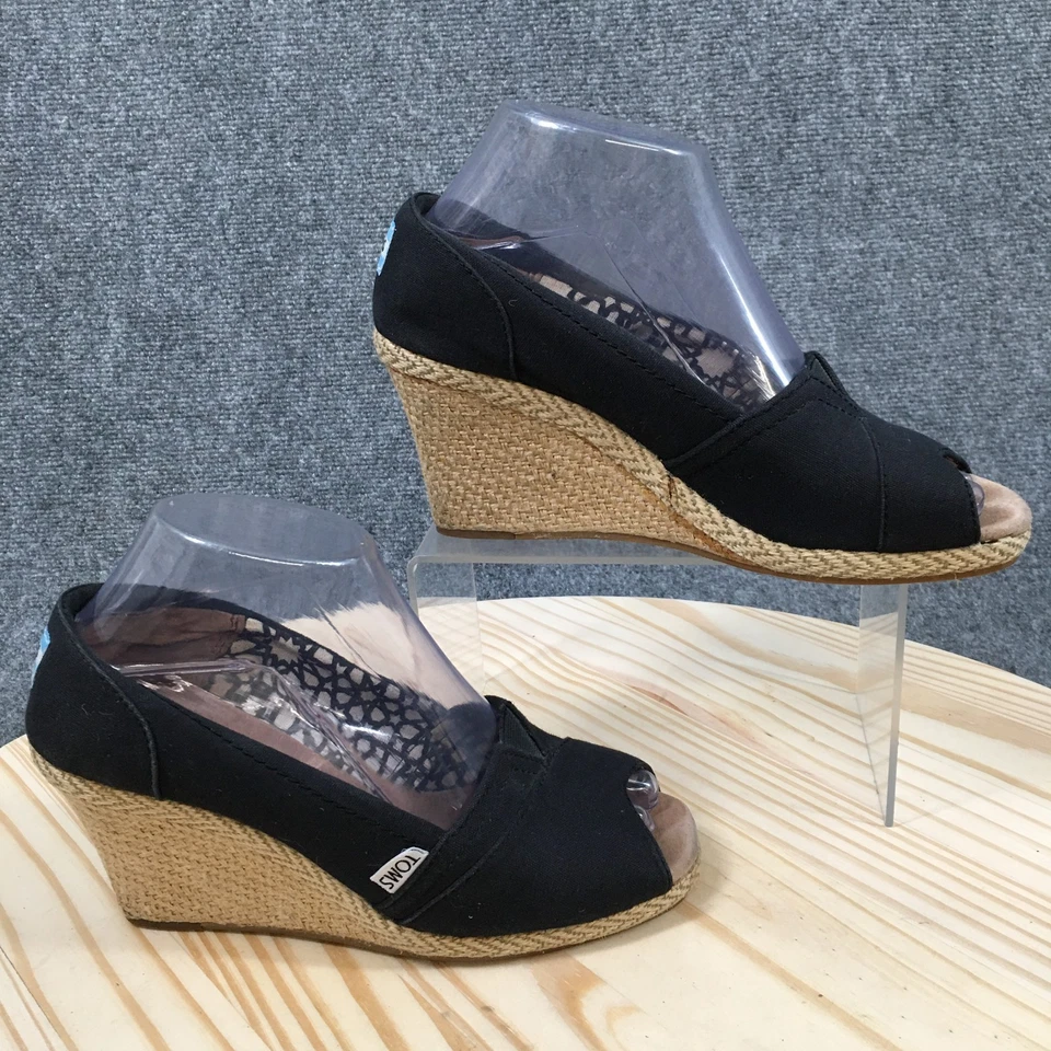 TOMS 高跟鞋女式 7.5 Calypso 露趾一脚蹬 Espadrille 楔形高跟鞋黑色 — 第 1/4 张图片