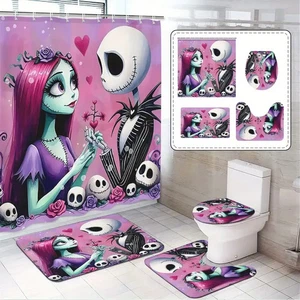 Disney Navidad Cortina de Ducha Jack Sally Alfombra de Baño Asiento de Inodoro Decoración - Imagen 1 de 1