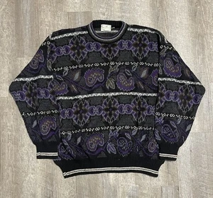 Vintage Pronto Uomo Wool Grandpa Sweater Large Purple Crewneck Pattern 90s Italy - Picture 1 of 6