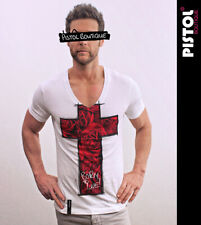 Pistol Boutique men's Fitted white Deep V neck ROSE CROSS BORN TO LIVE T-shirt
