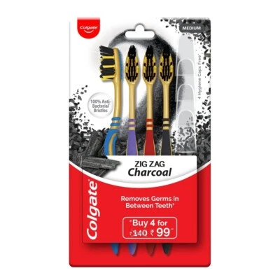 Colgate ZigZag Charcoal Medium Bristle Manual Toothbrush for adults (Pack of4) - Image 1 of 4