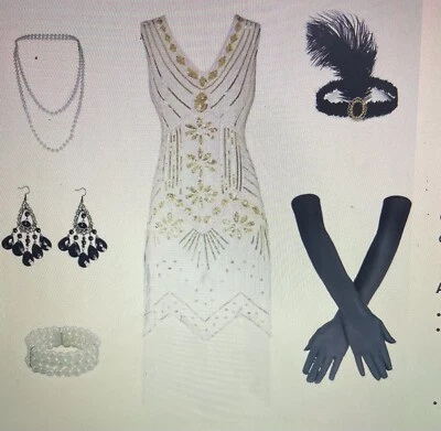 1920s Flapper Dress Fringe Gatsby Costume Wht W/Gold Sequins Accessories XL EUC - Image 1 of 4