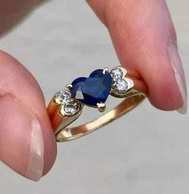 Heart Cut Simulated Blue Sapphire Wedding Women's Ring In 14k Yellow Gold Plated - Image 1 of 4