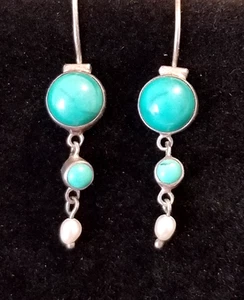 *Vintage 925 Sterling echte Türkis und Perlen Ohrhänger** - Bild 1 von 9