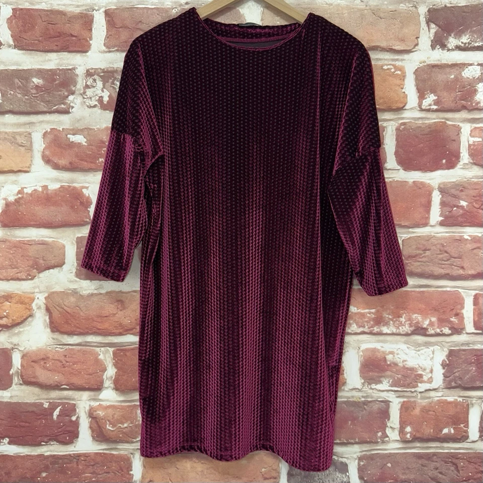 Zara Dress Womens Small Burgundy Black Diamond Velvet Velour Popover - Image 1 of 4