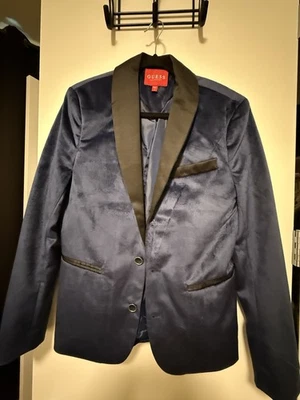 GUESS Navy Blue Velvet Tuxedo Blazer Black Satin Lapel Lined Size S - Image 1 of 4