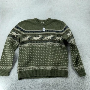 L.L. Bean Lambswool Sweater Mens XL Green Ragg Wool Crewneck Fair Isle Reindeer - Picture 1 of 8
